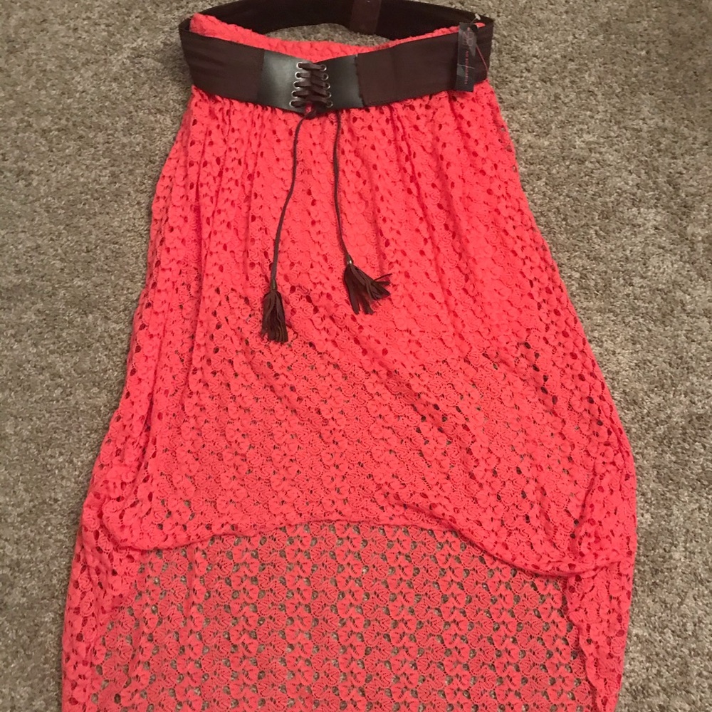 Lace crocheted salmon pink peachy skirt with belt